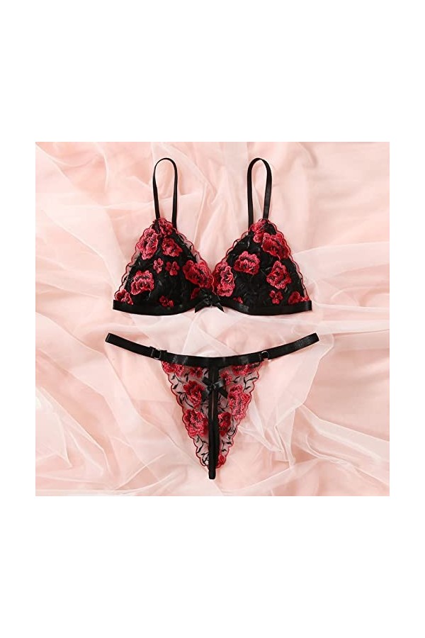 UOWEG Femmes Sexy Lingerie Pure Pyjama Sommeil Loung sous-vêtements Floral Dentelle Soutien-Gorge et Ensemble de Culottes Lin