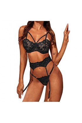 Lingerie Sexy Femme Grande Taille Brassière Gareter Lingerie sans Fil Pyjama Bra Set 3PC Black Lace + Sexy + Women Thong Mens
