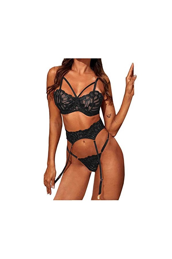 Lingerie Sexy Femme Grande Taille Brassière Gareter Lingerie sans Fil Pyjama Bra Set 3PC Black Lace + Sexy + Women Thong Mens