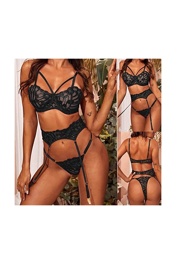 Lingerie Sexy Femme Grande Taille Brassière Gareter Lingerie sans Fil Pyjama Bra Set 3PC Black Lace + Sexy + Women Thong Mens