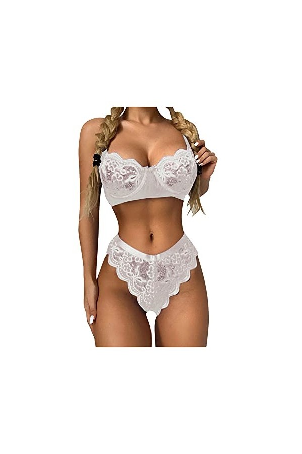 sous-Vetements Femme Sexy Ensemble Soutien Gorge et String 2 Pièce Lingerie Sexy Ensemble Erotique Vêtements De Nuit Dentelle