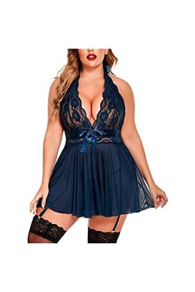 Ensemble de vêtements de strip-teaseuse pour femme - Sous-vêtements sexy avec bretelles en dentelle transparente, bleu marine