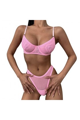 CUTeFiorino Ensemble de lingerie à bretelles avec bas pour femme, soutien-gorge en résille, dentelle sexy, sous-vêtement tran