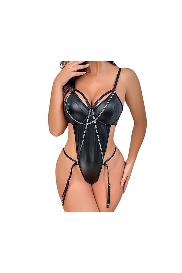 Lingerie 2 pièces Femme Sous-vêtements Sexy Spicy Girl PU Strap Chaîne Sous-vêtements Drôle Ensemble Slip Femme Dentelle Set,