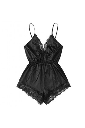 Bodydoll Lingerie sexy à col en V en dentelle pour femme, Noir , Small