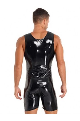 Yeahdor Combinaison Sexy Homme Body Catsuit Cuir Latex PVC Ouvert Entrejambe Legging Court Moulant Débardeur Bodysuit Lingeri