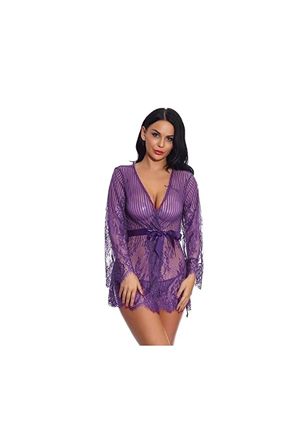 liaddkv Teddy avec culotte V Femmes Lingerie Sexy Dentelle Vêtements de Nuit Deep Horny Lingerie, lilas, L