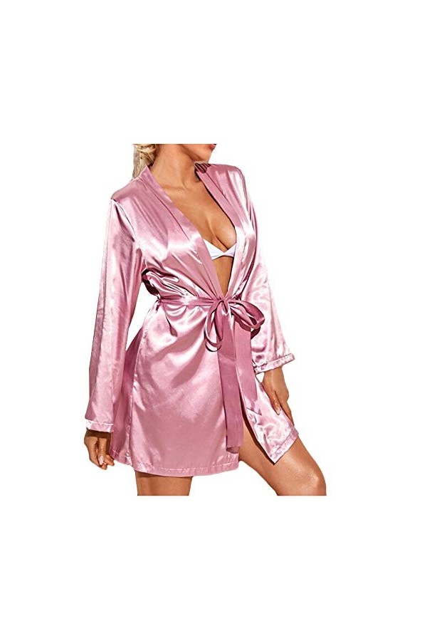 liaddkv Pyjama sexy en satin pour femme - Jupe à manches longues - Avec ceinture - Lingerie sexy - Filet de poisson, Rose, L