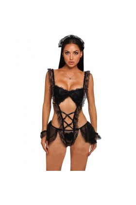 ROSVAY Sexy Perspective Lace Maid Uniforme, Costume de femme cosplay avec string pour femme Ensemble de lingerie avec col en 