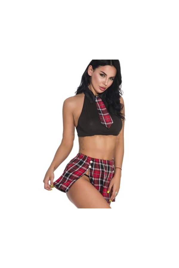 JFAN Femme Etudiante Mini Jupe Écossaise Outfit Corset Jarretière Pyjama Écolière Plaid Uniforme Taille Unique Top Noir + Jup