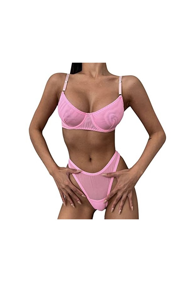 CUTeFiorino Ensemble de lingerie à bretelles avec bas pour femme, soutien-gorge en résille, dentelle sexy, sous-vêtement tran