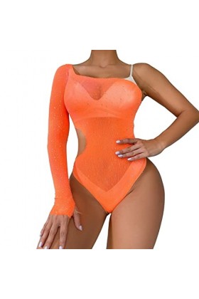UOWEG sous-vêtements érotiques pour Femmes Sexy Single Sleeve Hot Drill Shiny Large Size Mesh Clothes Bodys Sexy Orange, One