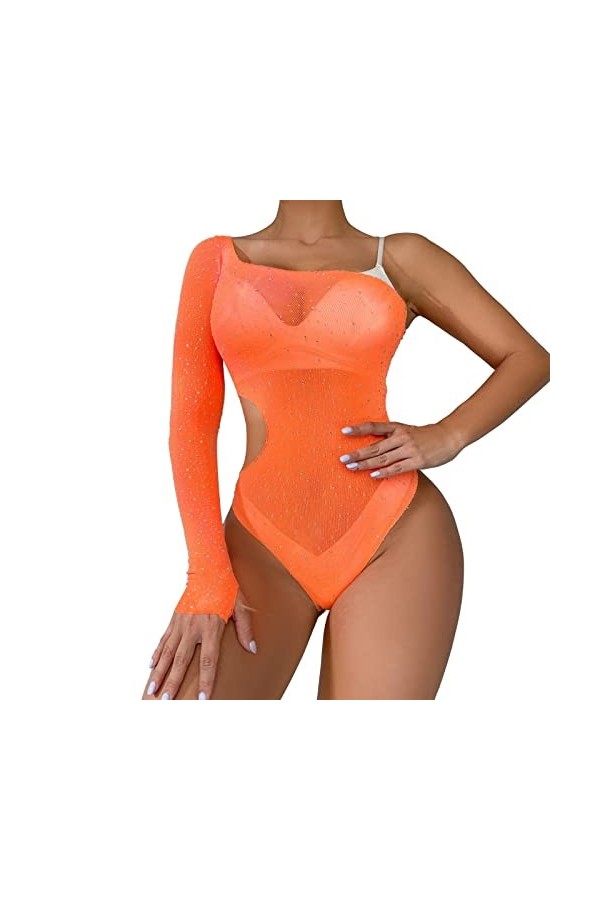 UOWEG sous-vêtements érotiques pour Femmes Sexy Single Sleeve Hot Drill Shiny Large Size Mesh Clothes Bodys Sexy Orange, One