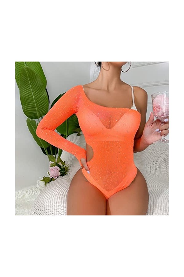 UOWEG sous-vêtements érotiques pour Femmes Sexy Single Sleeve Hot Drill Shiny Large Size Mesh Clothes Bodys Sexy Orange, One