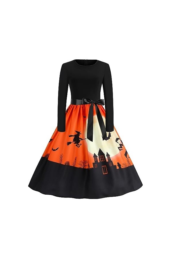 Robe de Noël 50 Halloween tête de citrouille fleur col rond manches longues imprimé sexy grande robe swing robe longue avec f