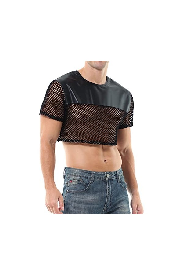 Générique Lingerie Homme Sexy Hot T-Shirt Homme en Cuir Sexy col Rond Transparent de pêche Manteau Taille Creuse Peignoirs In
