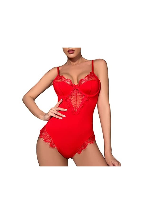 Luckywaqng Chemises de nuit sexy pour femmes Col en V profond Bordure en dentelle Vêtements de nuit taille haute Lingerie Sex