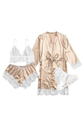 Ncenglings Peignoir Polaire Courte sous-vêtements en V Profond Body Robes Cou Sexy 4 pièces Jarretière Lingerie Femmes Dentel