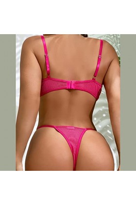 LDadgf Ensemble de lingerie sexy en dentelle rose et jaune avec soutien-gorge et culotte en dentelle et tablier, rose vif, L