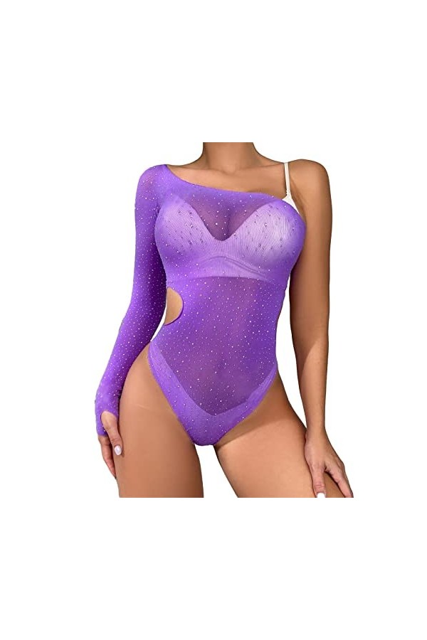 UOWEG sous-vêtements érotiques pour Femmes Sexy Single Sleeve Hot Drill Shiny Large Size Mesh Clothes Bodys Sexy Purple, One