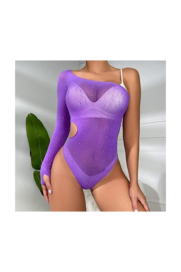 UOWEG sous-vêtements érotiques pour Femmes Sexy Single Sleeve Hot Drill Shiny Large Size Mesh Clothes Bodys Sexy Purple, One