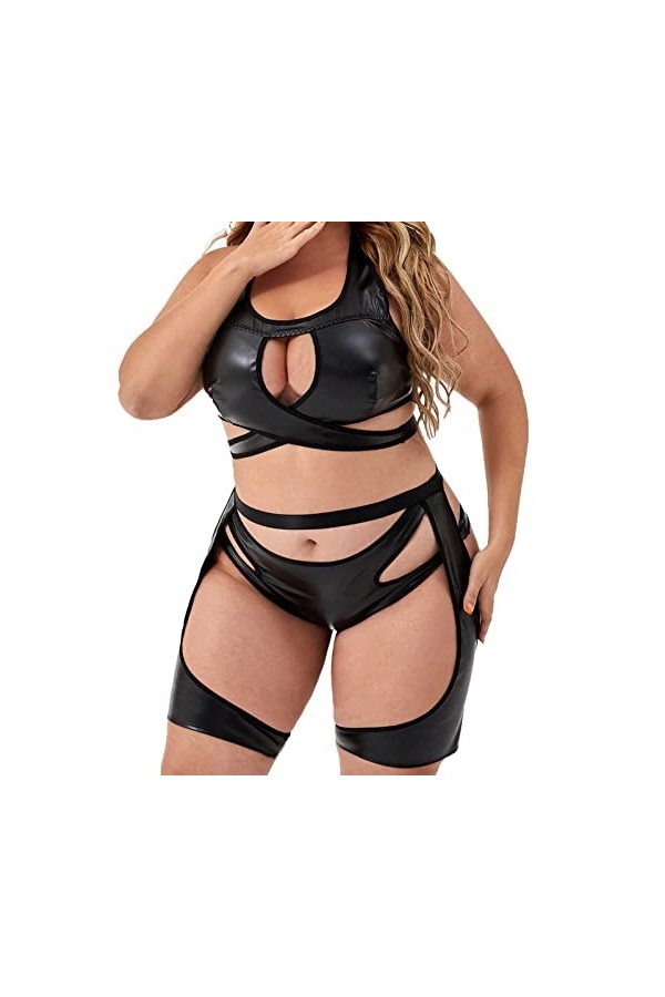 Lingerie pour femme Plus Size Teddy Body Lingerie Sexy Encolure en V Lacets Connectés avec ensemble de string pour femme Ense