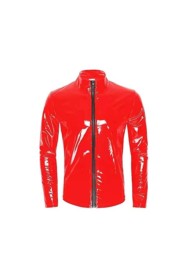 Veste pour homme aspect vernis T-shirt slim fit latex brillant haut sexy en cuir verni avec col montant hippie disco fête clu