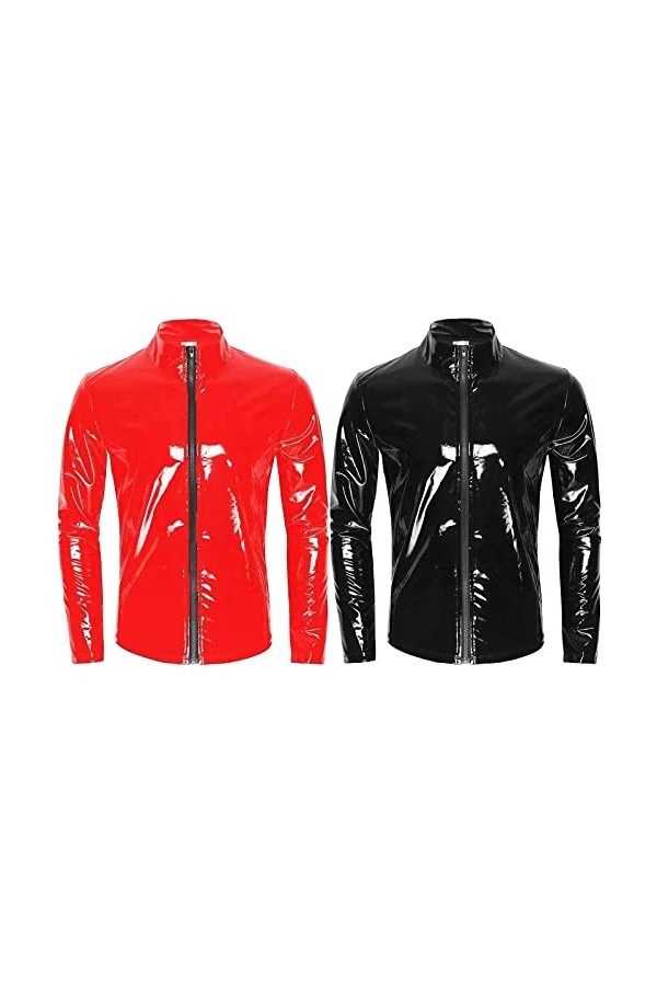 Veste pour homme aspect vernis T-shirt slim fit latex brillant haut sexy en cuir verni avec col montant hippie disco fête clu