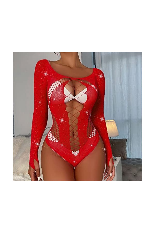 UOWEG Dames Sexy Brillant Lingerie à Manches Longues Maille Transparent Creux Sexy Lingerie Culotte Combinaison Lingerie Roma