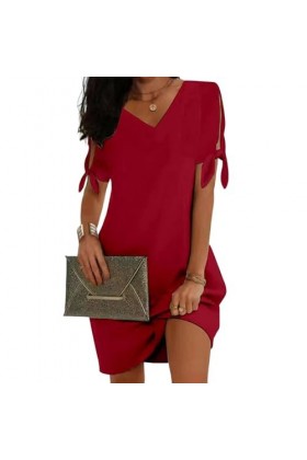 Robe Courte en Soie glacée pour Femmes, Couleur Unie, vêtements féminins à Manches Courtes Vin Rouge XL