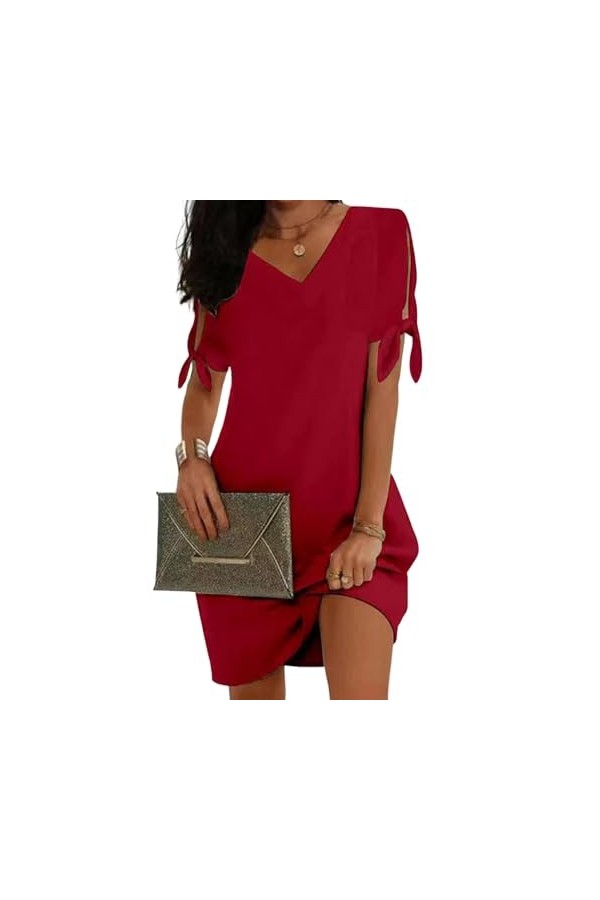 Robe Courte en Soie glacée pour Femmes, Couleur Unie, vêtements féminins à Manches Courtes Vin Rouge XL