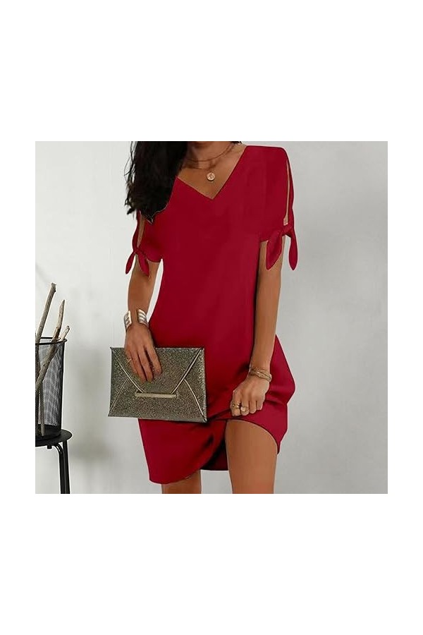 Robe Courte en Soie glacée pour Femmes, Couleur Unie, vêtements féminins à Manches Courtes Vin Rouge XL