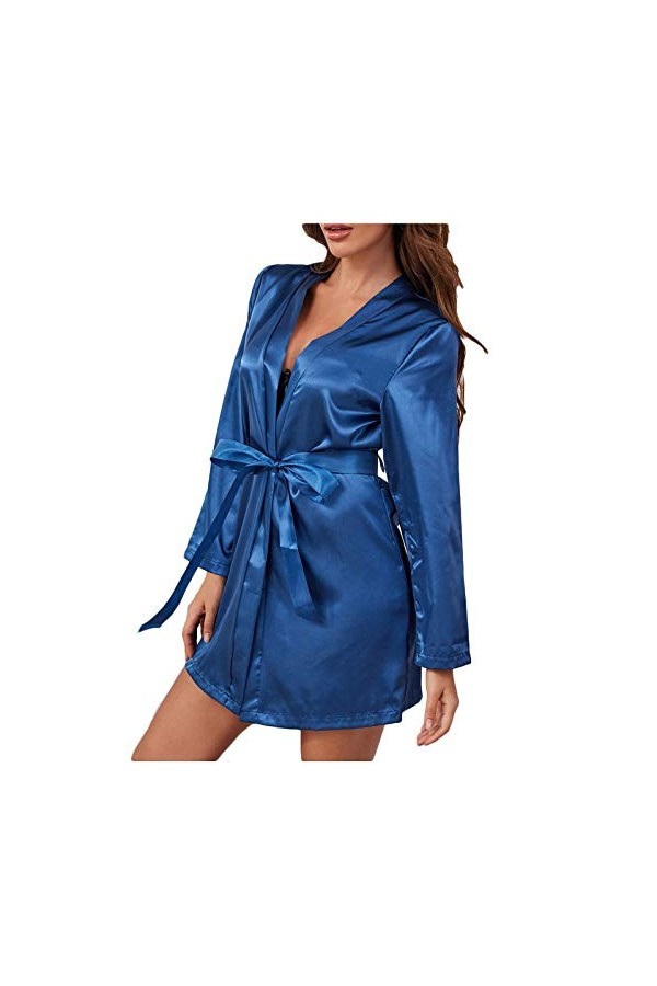liaddkv Pyjama sexy en satin pour femme - Jupe à manches longues - Avec ceinture - Lingerie sexy - Filet de poisson, bleu, L
