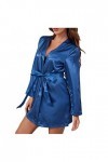 liaddkv Pyjama sexy en satin pour femme - Jupe à manches longues - Avec ceinture - Lingerie sexy - Filet de poisson, bleu, L