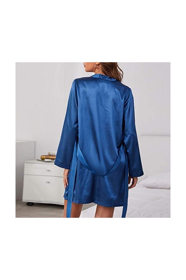 liaddkv Pyjama sexy en satin pour femme - Jupe à manches longues - Avec ceinture - Lingerie sexy - Filet de poisson, bleu, L