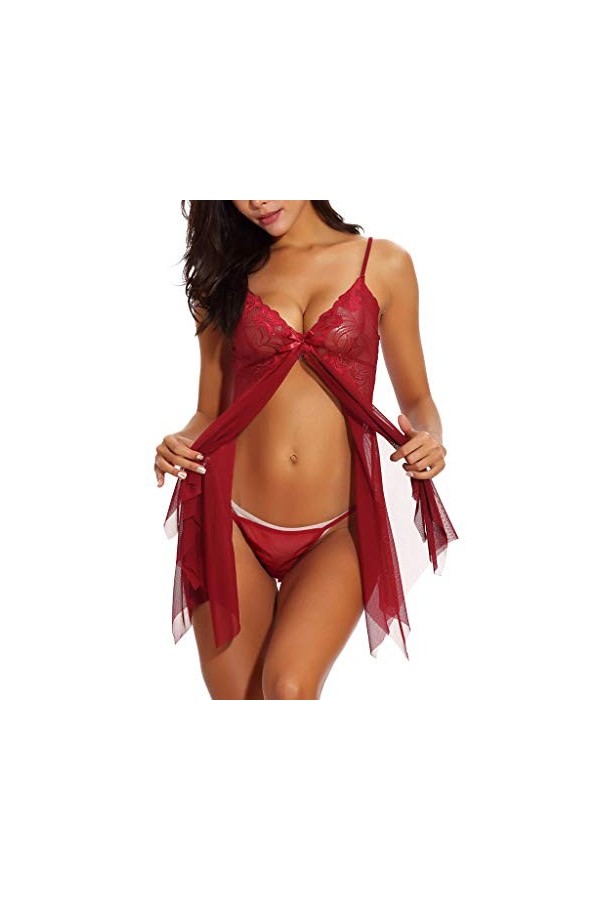 SANFASHION Lingerie en Dentelle Robe Noeud Fleur Nuisettes Fine Licou Vêtement Pyjamas de Chambre Bretelles sous-vêtement Fem