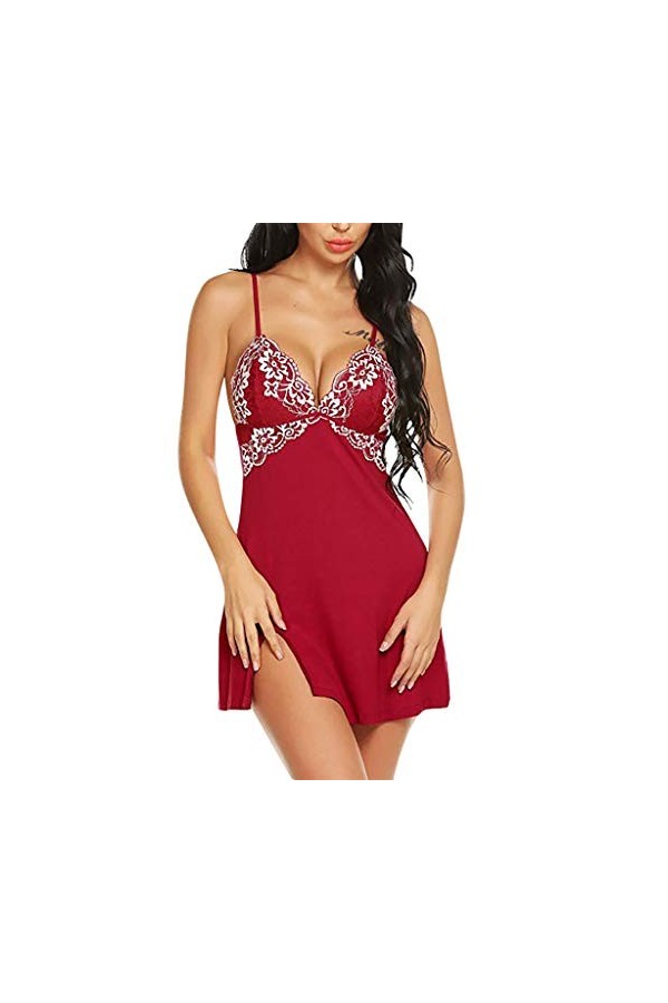 SANFASHION Lingerie en Dentelle Robe Noeud Fleur Nuisettes Fine Licou Vêtement Pyjamas de Chambre Bretelles sous-vêtement Fem