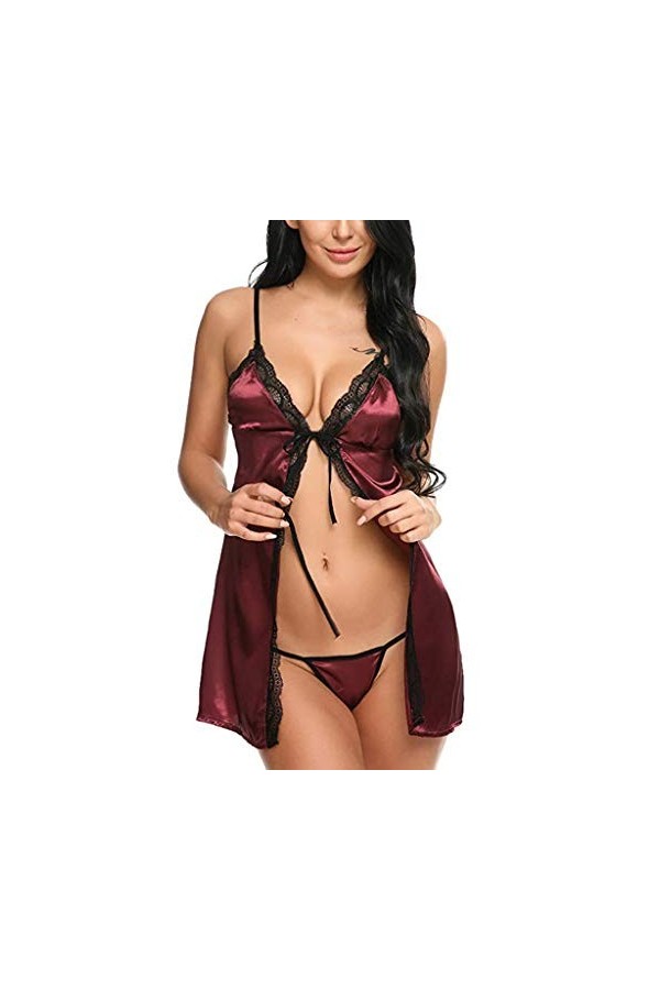 SANFASHION Lingerie en Dentelle Robe Noeud Fleur Nuisettes Fine Licou Vêtement Pyjamas de Chambre Bretelles sous-vêtement Fem