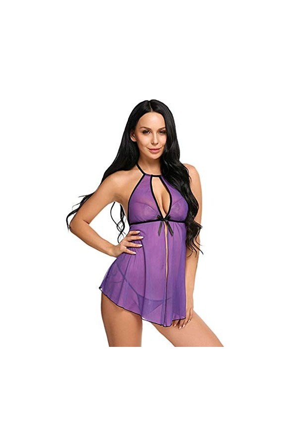 SANFASHION Lingerie en Dentelle Robe Noeud Fleur Nuisettes Fine Licou Vêtement Pyjamas de Chambre Bretelles sous-vêtement Fem