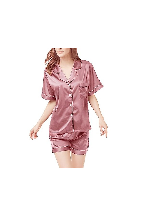 Pyjama Femme Satin Ensemble de Pyjama Chemise De Nuit Sexy Chic Eté Deux pièces vêtement de Nuit De Soie Boutonnée Deux pour 