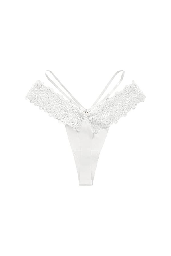 QIYUN.Z Lot de 3 Strings en Dentelle pour Femme T Dos Taille Basse Voir à Travers la Culotte Sexy en Forme de V Blanc1 L
