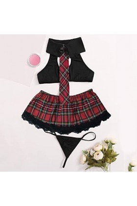 LDadgf Ensemble de lingerie sexy pour femme - Top cosplay et jupe à carreaux - Lingerie en latex - Noir - Taille M
