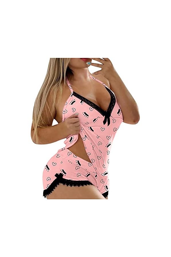 Lingerie sexy pour femme - Soutien-gorge en dentelle - Vêtement de nuit - 3 pièces, rose, S