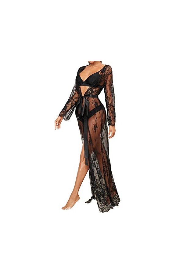 Sexy Séduisante Simple Noir Manches Longues Dentelle Longue Combinaison Sexy Sexy Femme Lingerie Avec Fente, Noir , L