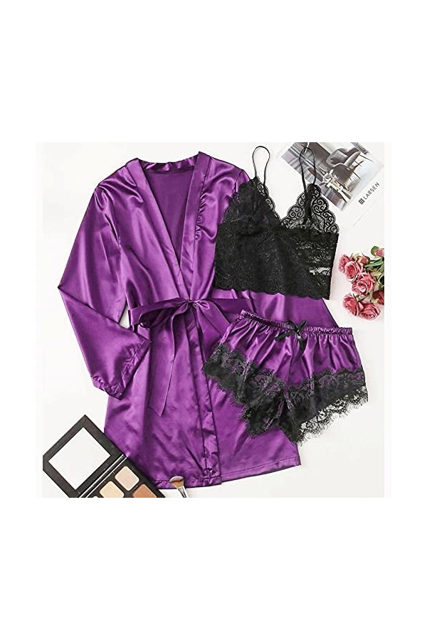 Chemise de nuit pour femme - Col en V - Satin - Slip intégral - Décoration en dentelle - Robe de nuit - Lingerie avec détails