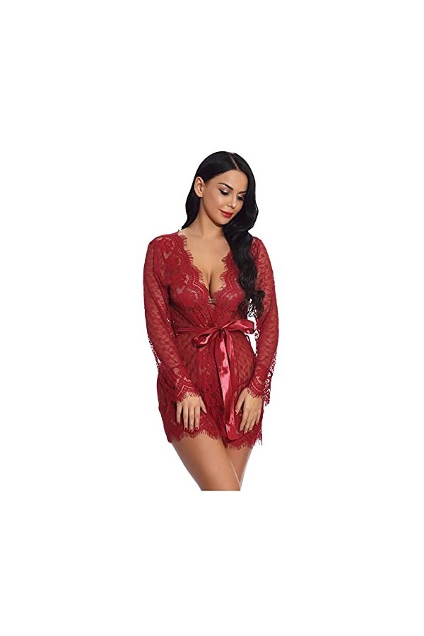 liaddkv Teddy Sexy avec Panty Vêtements de Nuit Dentelle Femmes V Profonde Lingerie Lingerie Nylon, rouge, XL