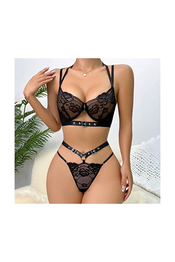 liaddkv Femmes Sexy Chaîne en Métal Sous-Vêtements Boîte de Nuit Hot Girls Fun Set Sexy Sous-Vêtements Pour, Noir , M