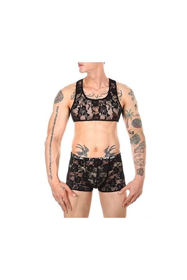 Générique Lingerie Homme Sexy Dentelle String en Dentelle pour Hommes Culotte de Sexe Gilet Transparent Hommes T Pantalon Cul