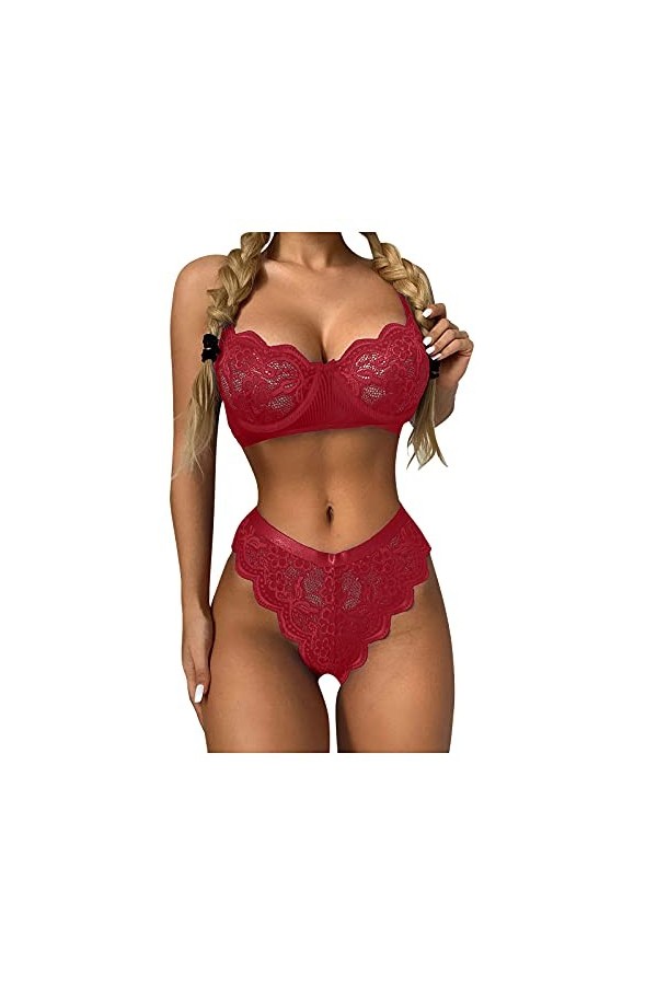 sous-Vetements Femme Sexy Ensemble Soutien Gorge et String 2 Pièce Lingerie Sexy Ensemble Erotique Vêtements De Nuit Dentelle