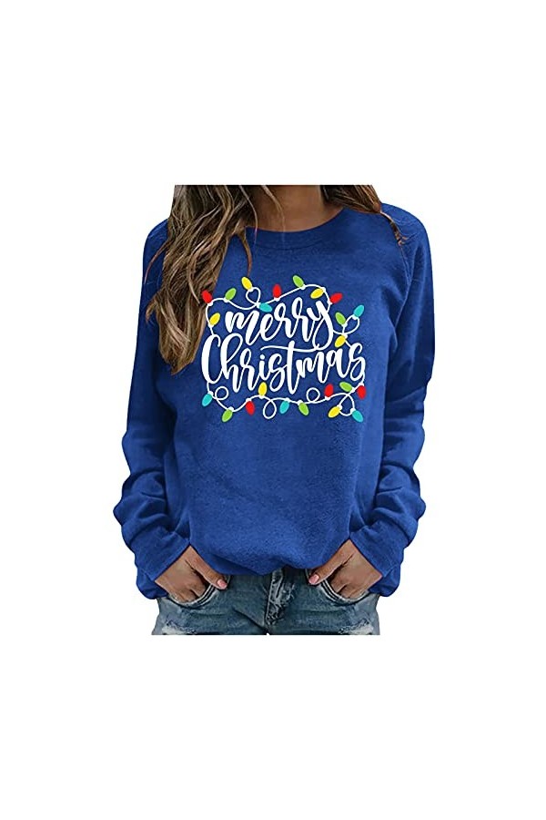 Sweat Plaid Chat Sweat-Shirt pour Femme avec Impression à Manches Longues Clubbing Casual Pullover Tops Simili Cuir Sexy Blu